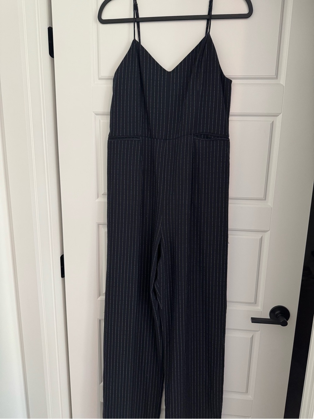 Anthropologie The Essential Jumpsuit Size 6 Black Pinstripe Wide Leg